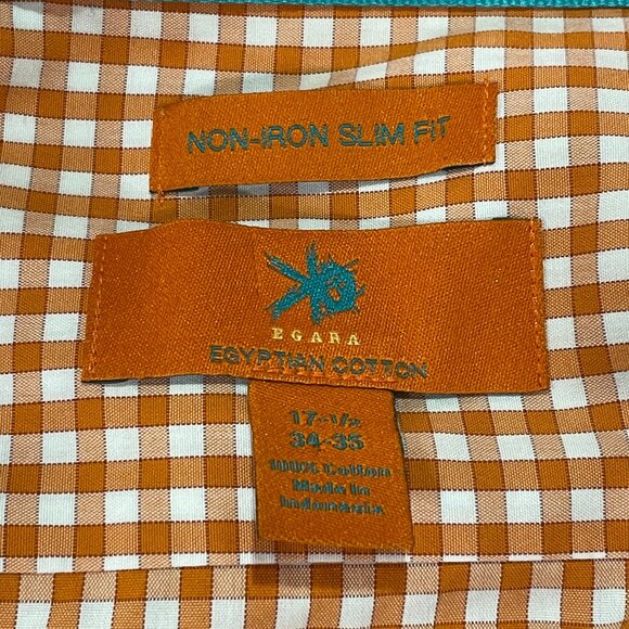 EGARA Men's Button Down Long Sleeve Shirt, Orange/White Check - 17.5/34-35 - Picture 6 of 9